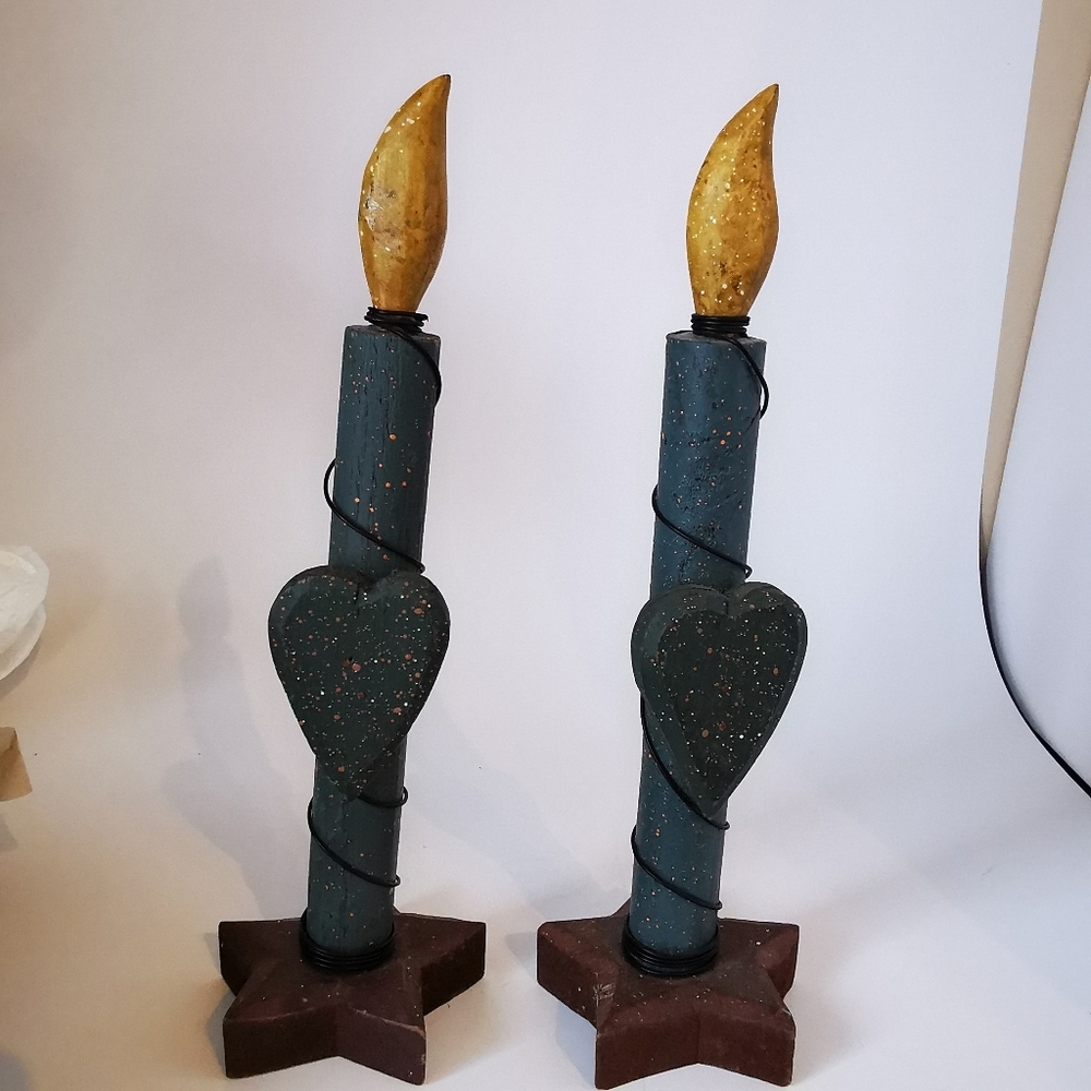 Pair of Rustic Primitive Carved Wooden Candle Sticks
